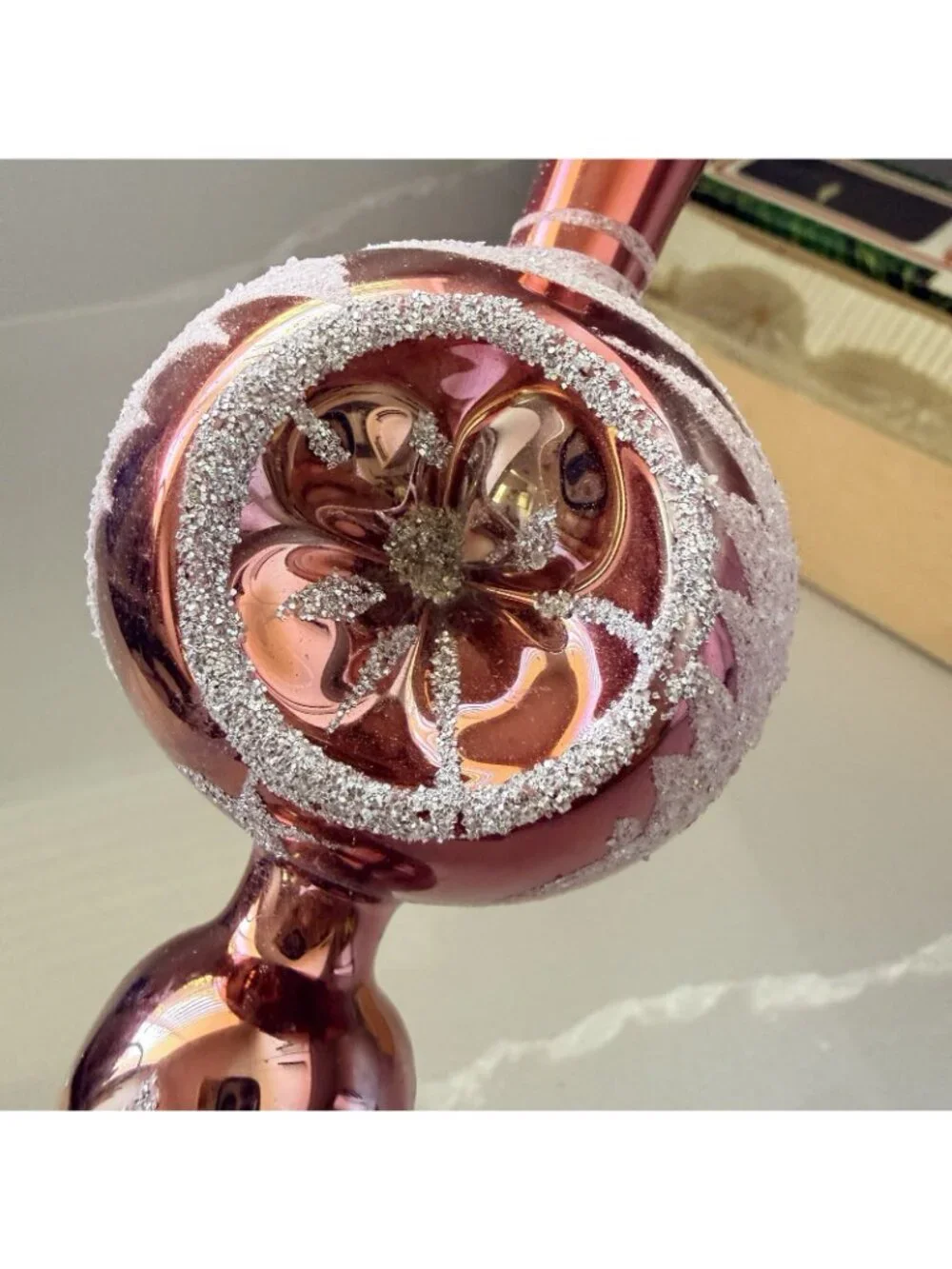 Commodore Handblown Glass Pink Christmas Tree Topper Romania Original Box Vntg